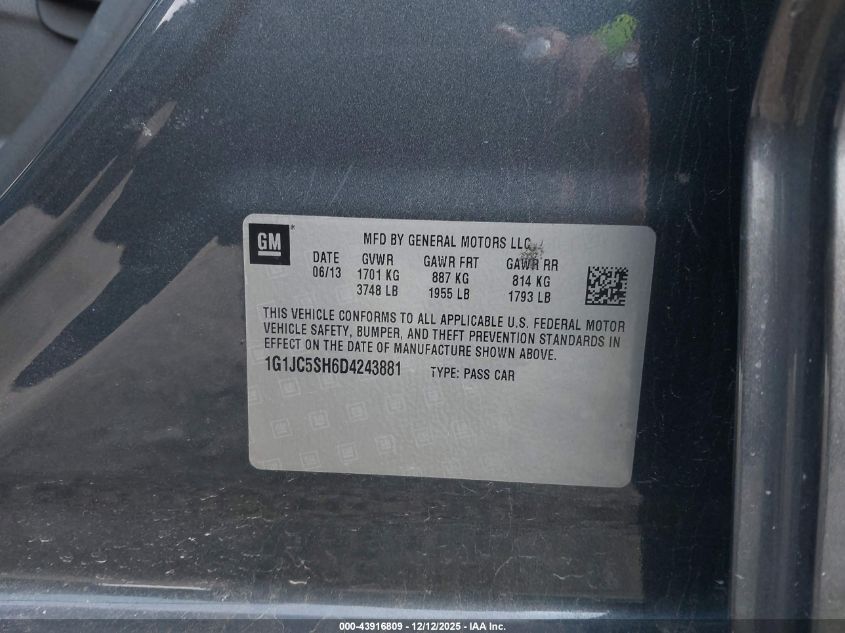 2013 Chevrolet Sonic Lt Auto VIN: 1G1JC5SH6D4243881 Lot: 43916809