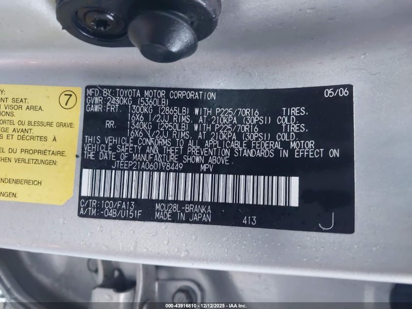 2006 Toyota Highlander V6 VIN: JTEEP21A060178449 Lot: 43916810