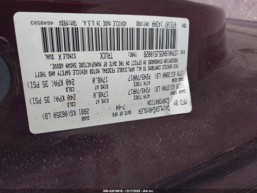 2005 Dodge Ram 1500 Slt/Laramie VIN: 1D7HA16N55J510828 Lot: 43916816