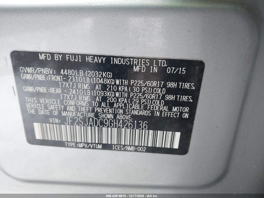 2016 Subaru Forester 2.5I Premium VIN: JF2SJADC9GH426136 Lot: 43916819