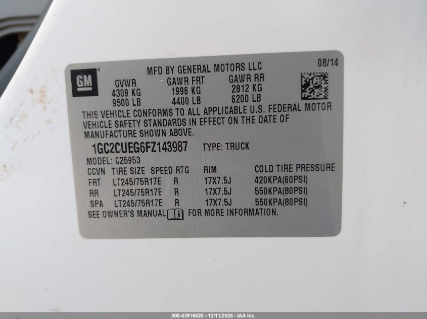 2015 Chevrolet Silverado 2500Hd Wt VIN: 1GC2CUEG6FZ143987 Lot: 43916820