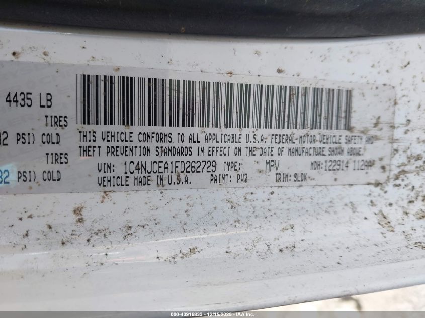 2015 Jeep Compass High Altitude Edition VIN: 1C4NJCEA1FD262729 Lot: 43916833