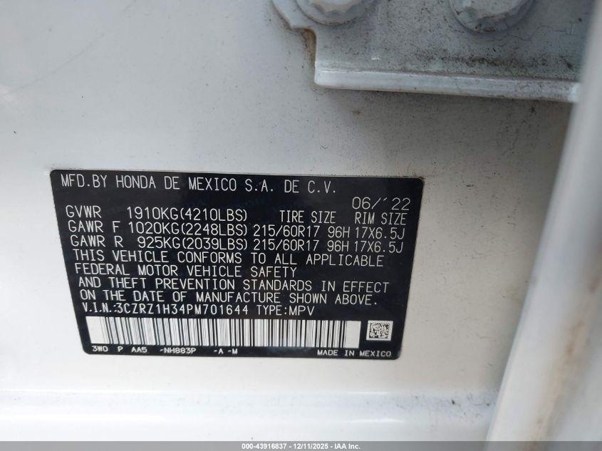 2023 Honda Hr-V 2Wd Lx VIN: 3CZRZ1H34PM701644 Lot: 43916837