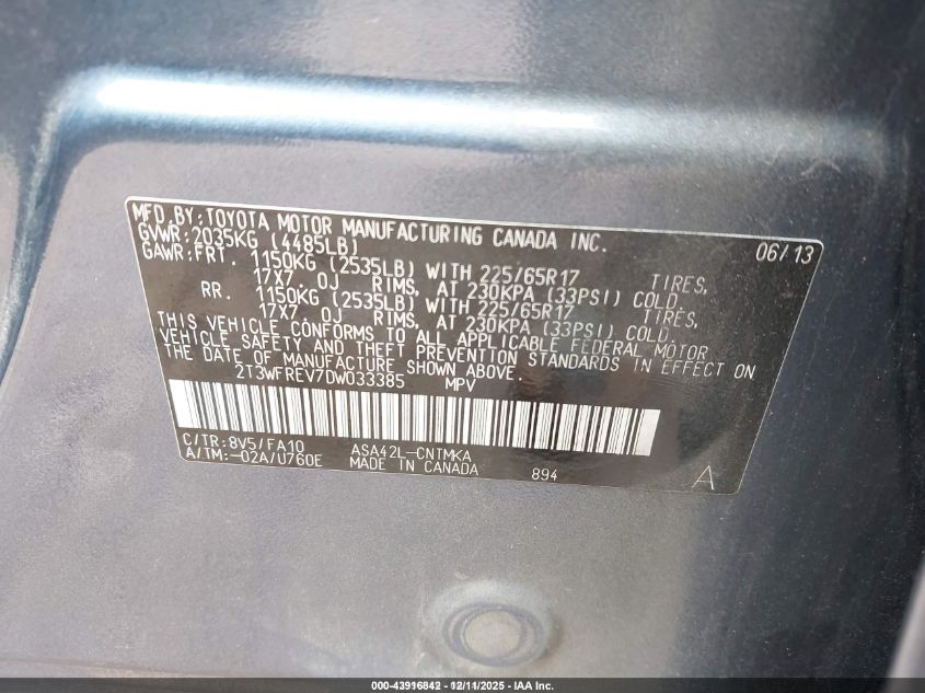 2013 Toyota Rav4 Xle VIN: 2T3WFREV7DW033385 Lot: 43916842