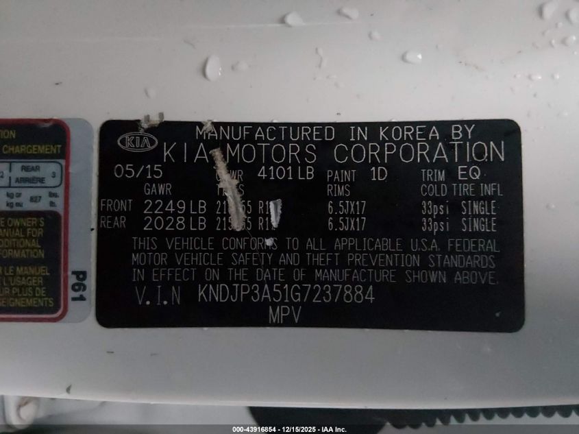 2016 Kia Soul + VIN: KNDJP3A51G7237884 Lot: 43916854