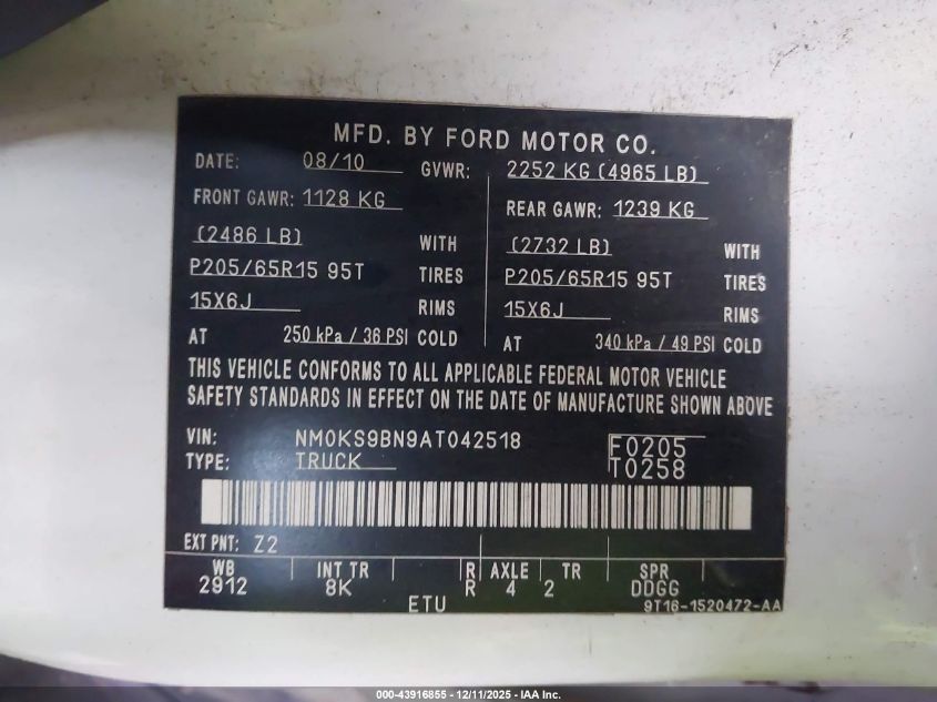 2010 Ford Transit Connect Xlt VIN: NM0KS9BN9AT042518 Lot: 43916855