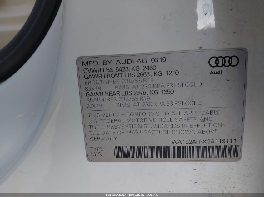 2016 Audi Q5 2.0T Premium VIN: WA1L2AFPXGA119111 Lot: 43916867