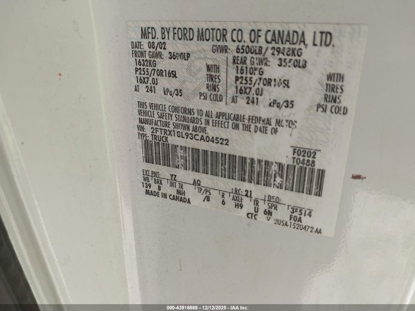 2003 Ford F-150 Lariat/Xl/Xlt VIN: 2FTRX18L93CA04522 Lot: 43916868