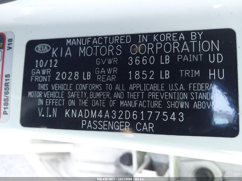 2013 Kia Rio Lx VIN: KNADM4A32D6177543 Lot: 43916877