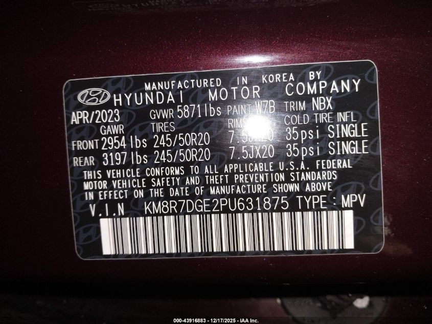 2023 Hyundai Palisade Calligraphy VIN: KM8R7DGE2PU631875 Lot: 43916883