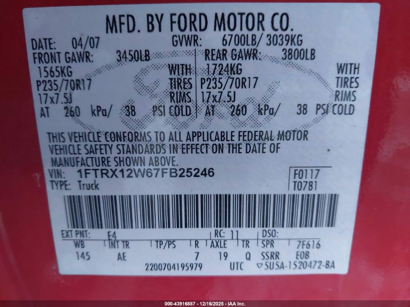 2007 Ford F-150 Stx/Xl/Xlt VIN: 1FTRX12W67FB25246 Lot: 43916887