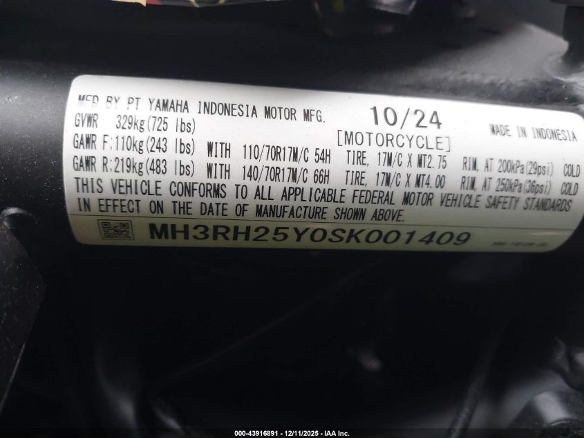 2025 Yamaha Yfz320 Ac VIN: MH3RH25Y0SK001409 Lot: 43916891