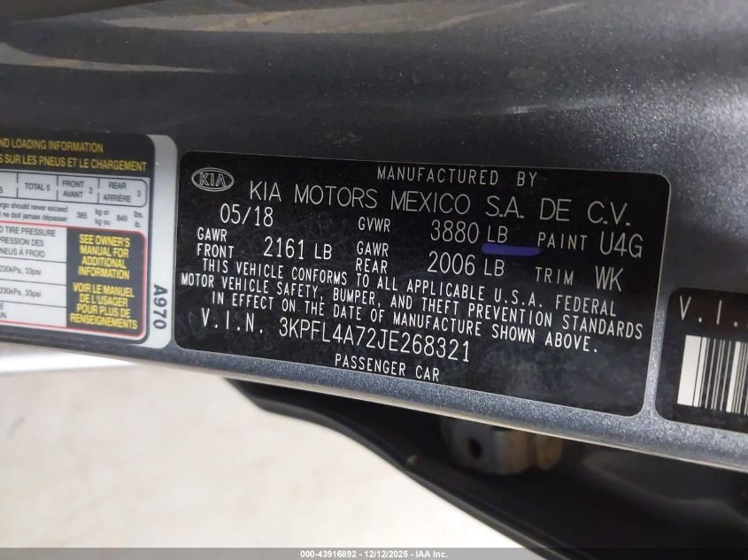 2018 Kia Forte S VIN: 3KPFL4A72JE268321 Lot: 43916892