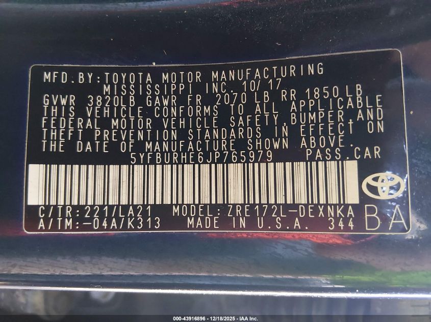 2018 Toyota Corolla Xle VIN: 5YFBURHE6JP765979 Lot: 43916896