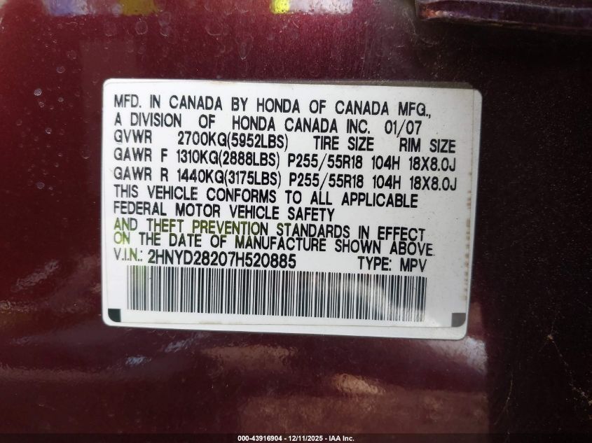 2007 Acura Mdx VIN: 2HNYD28207H520885 Lot: 43916904