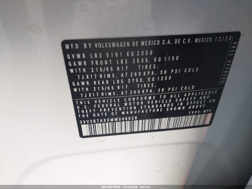 2021 Volkswagen Tiguan 2.0T Se/2.0T Se R-Line Black/2.0T Sel VIN: 3VV3B7AXXMM046628 Lot: 43916909