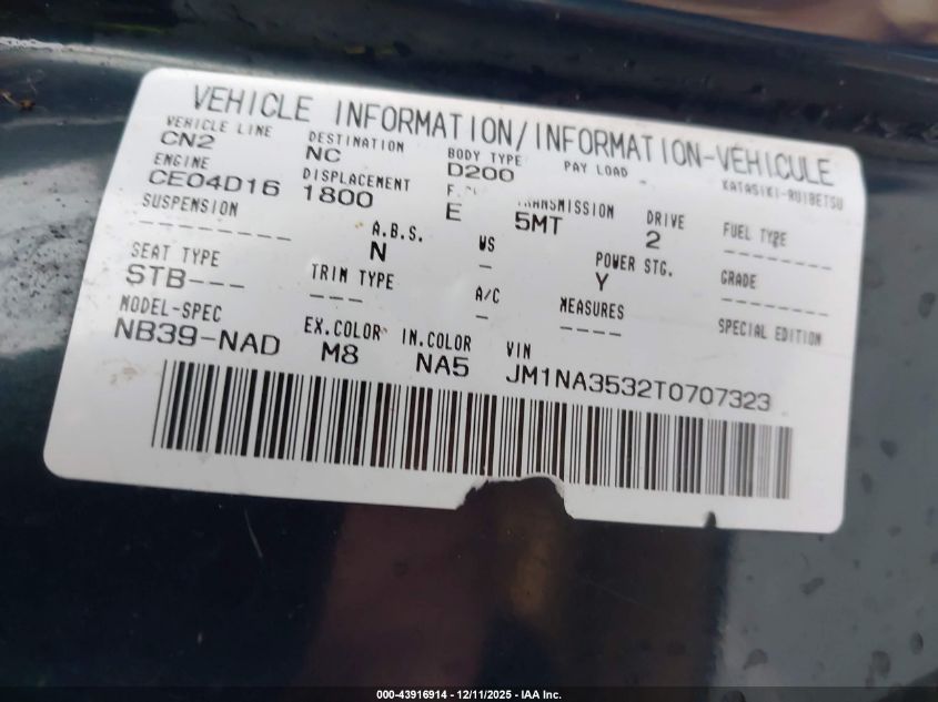 1996 Mazda Mx-5 Miata VIN: JM1NA3532T0707323 Lot: 43916914