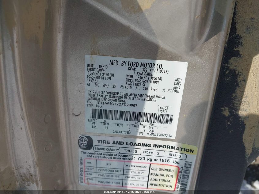 2013 Ford F-150 Xlt VIN: 1FTFW1CT2DFD29967 Lot: 43916915