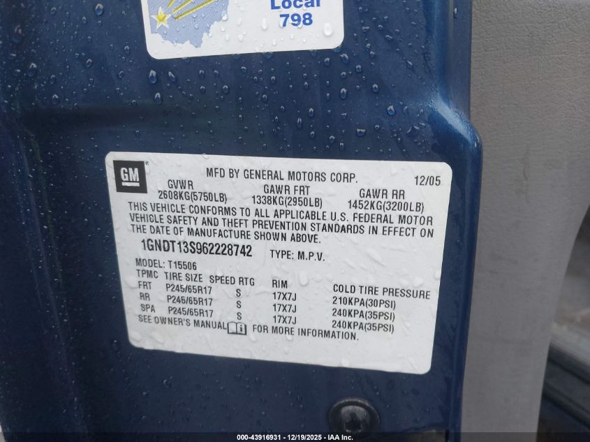 2006 Chevrolet Trailblazer Lt VIN: 1GNDT13S962228742 Lot: 43916931