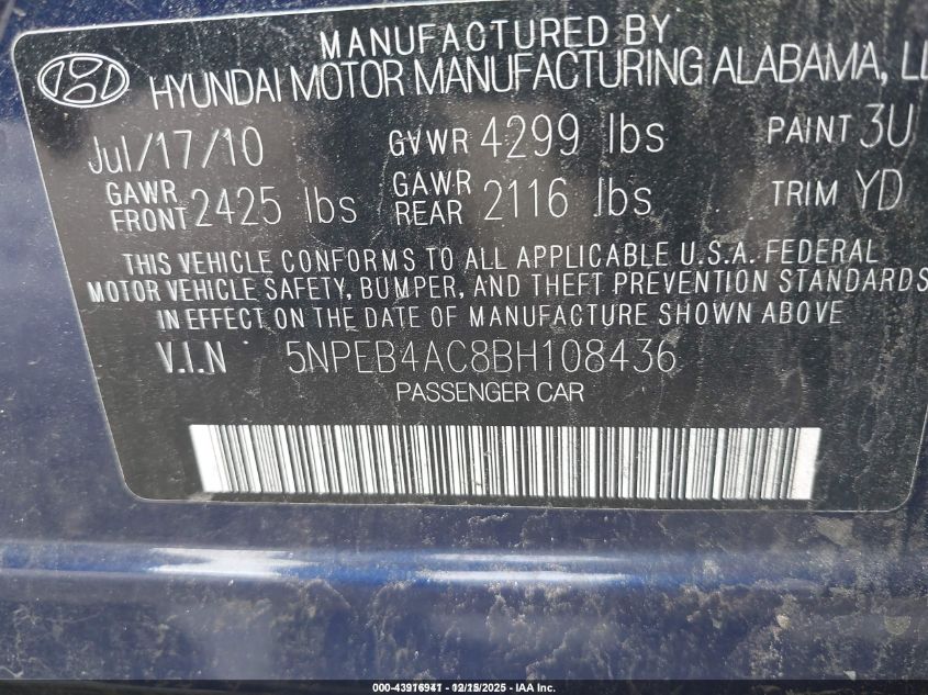 2011 Hyundai Sonata Gls VIN: 5NPEB4AC8BH108436 Lot: 43916941