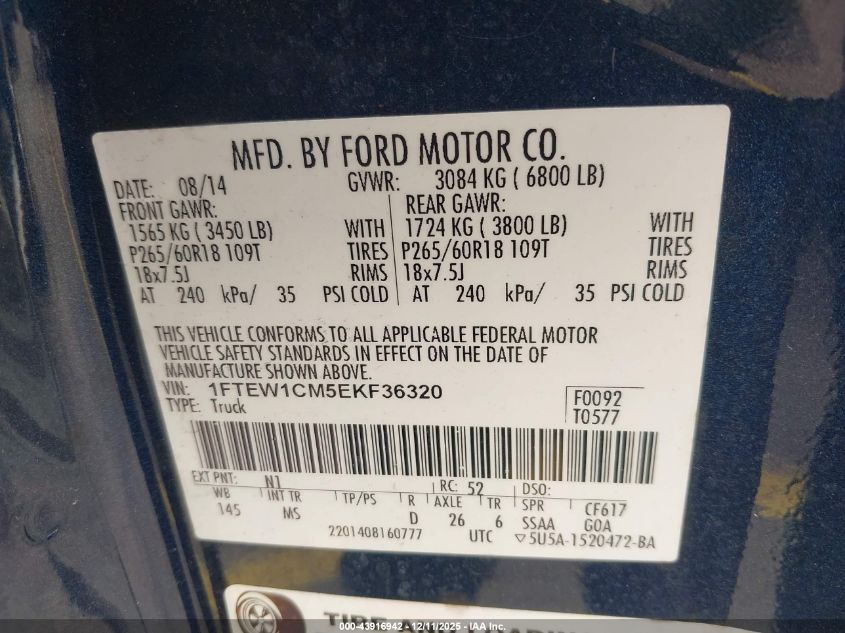 2014 Ford F-150 Xlt VIN: 1FTEW1CM5EKF36320 Lot: 43916942