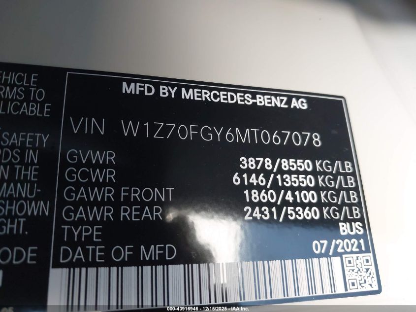 2021 Mercedes-Benz Sprinter 1500 High Roof I4 VIN: W1Z70FGY6MT067078 Lot: 43916946