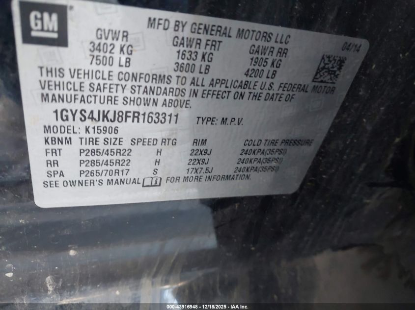 2015 Cadillac Escalade Esv Premium VIN: 1GYS4JKJ8FR163311 Lot: 43916948