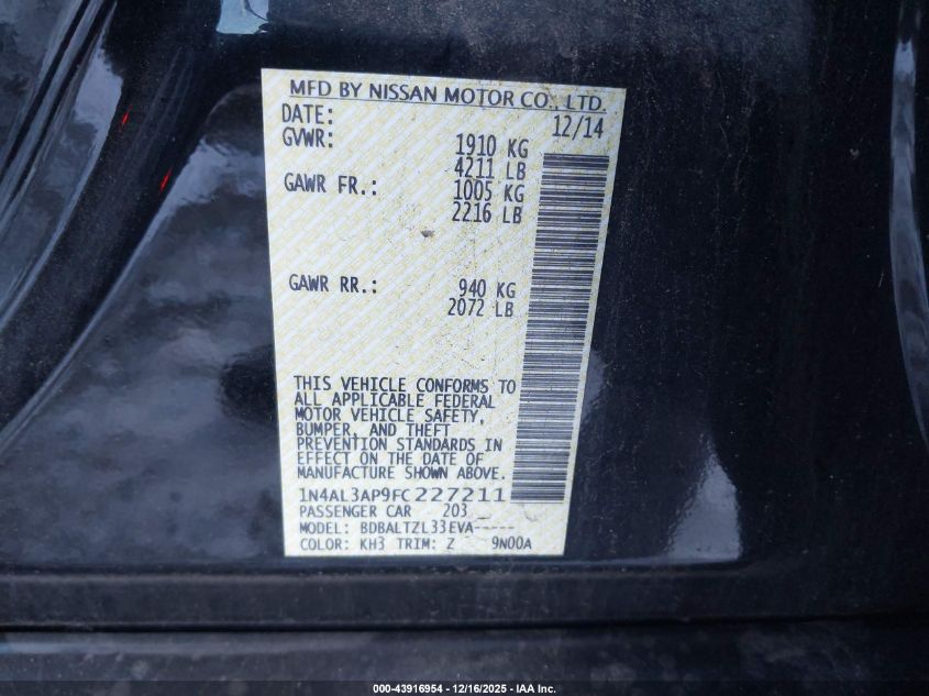 2015 Nissan Altima 2.5 Sl VIN: 1N4AL3AP9FC227211 Lot: 43916954