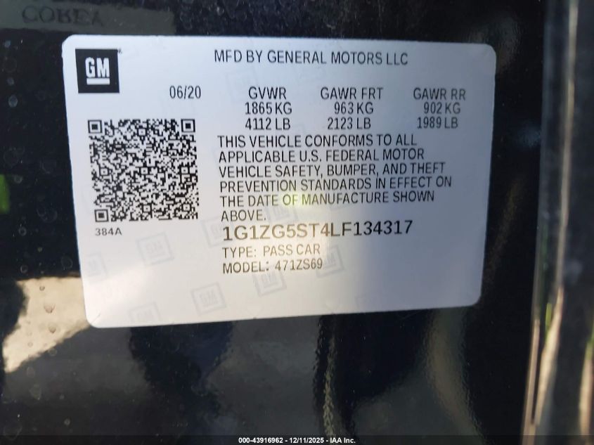 2020 Chevrolet Malibu Fwd Rs VIN: 1G1ZG5ST4LF134317 Lot: 43916962