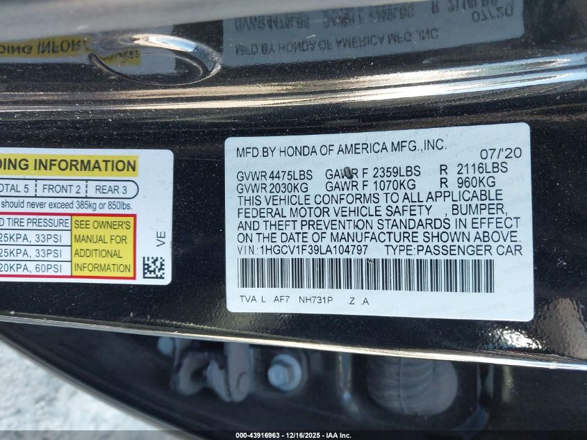2020 Honda Accord Sport VIN: 1HGCV1F39LA104797 Lot: 43916963