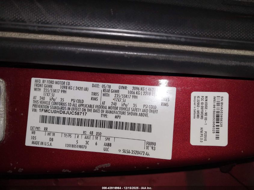 2018 Ford Escape Sel VIN: 1FMCU0HD8JUC58717 Lot: 43916964