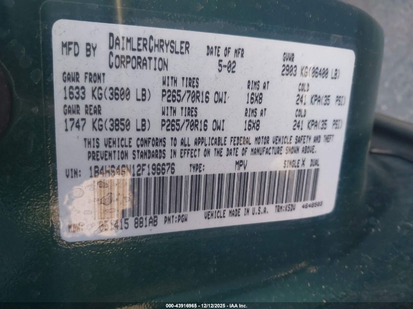 2002 Dodge Durango Slt VIN: 1B4HS48N12F196676 Lot: 43916965