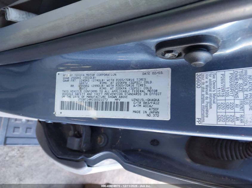 2003 Toyota 4Runner Sr5 V8 VIN: JTEBT14R030021073 Lot: 43916970