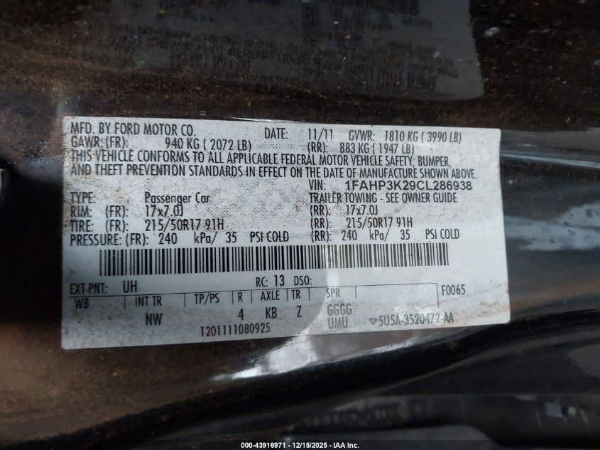 2012 Ford Focus Se VIN: 1FAHP3K29CL286938 Lot: 43916971