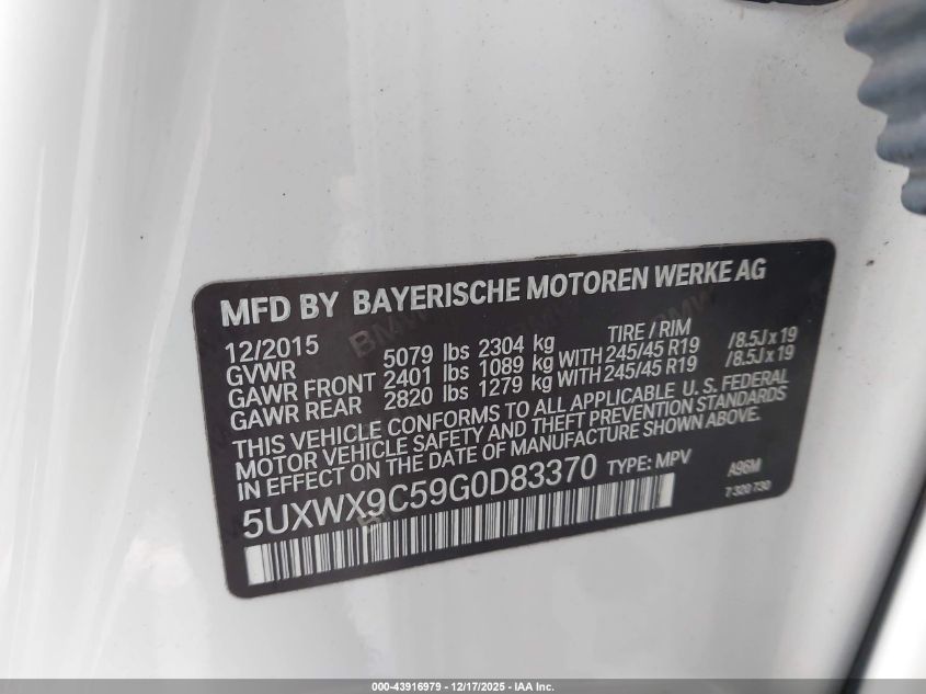 2016 BMW X3 xDrive28I VIN: 5UXWX9C59G0D83370 Lot: 43916979