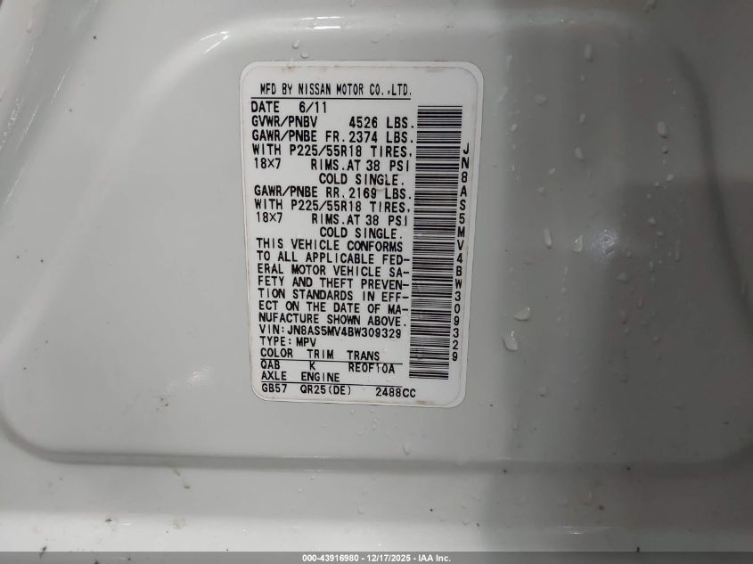 2011 Nissan Rogue Sv VIN: JN8AS5MV4BW309329 Lot: 43916980