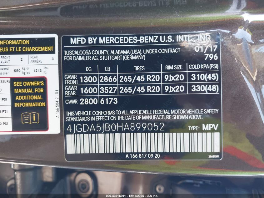 2017 Mercedes-Benz Gle 350 VIN: 4JGDA5JB0HA899052 Lot: 43916991