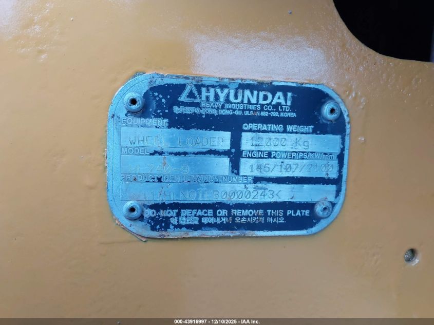 2010 Hyundai Hl740-9 VIN: HLN01EB0000243 Lot: 43916997
