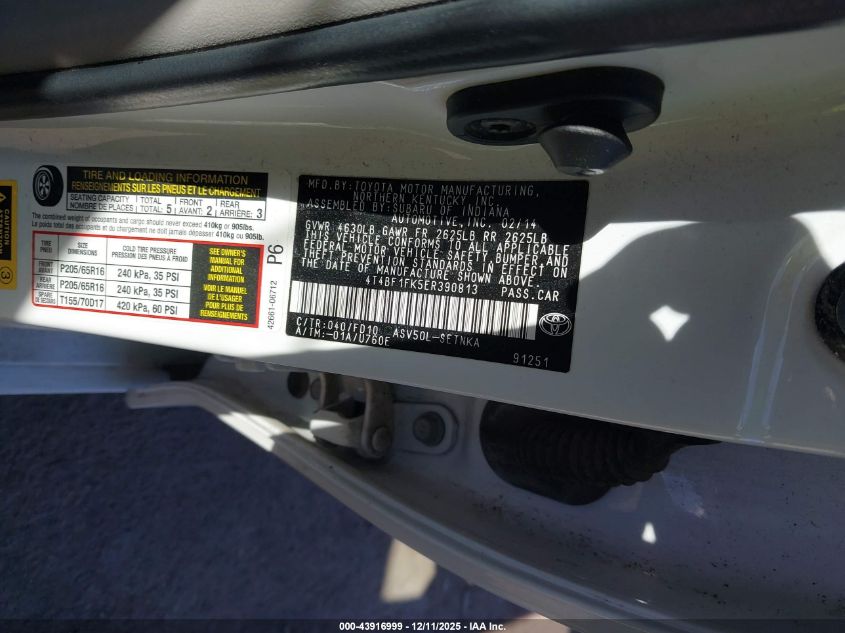 2014 Toyota Camry Le VIN: 4T4BF1FK5ER390813 Lot: 43916999