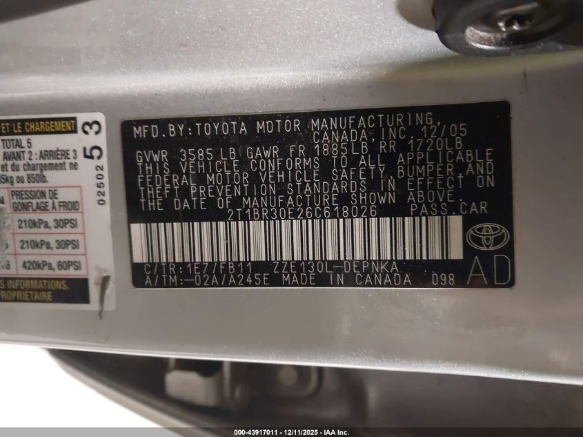 2006 Toyota Corolla Le VIN: 2T1BR30E26C618026 Lot: 43917011