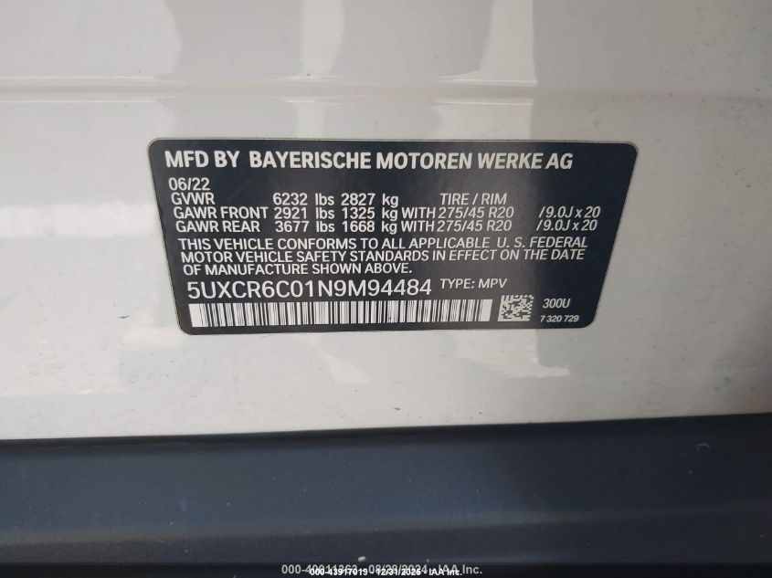 2022 BMW X5 xDrive40I VIN: 5UXCR6C01N9M94484 Lot: 43917019