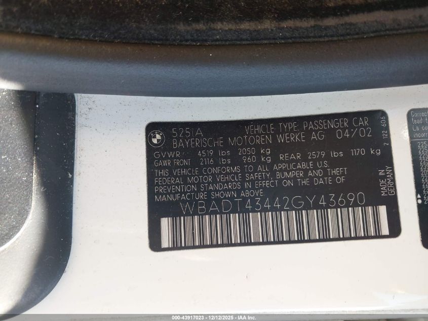 2002 BMW 525Ia VIN: WBADT43442GY43690 Lot: 43917023