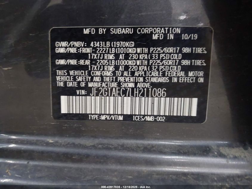 2020 Subaru Crosstrek Premium VIN: JF2GTAEC7LH211086 Lot: 43917035