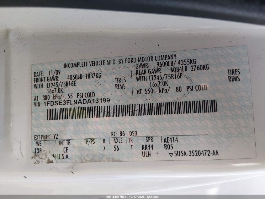 2010 Ford E-350 Cutaway VIN: 1FDSE3FL9ADA13199 Lot: 43917037
