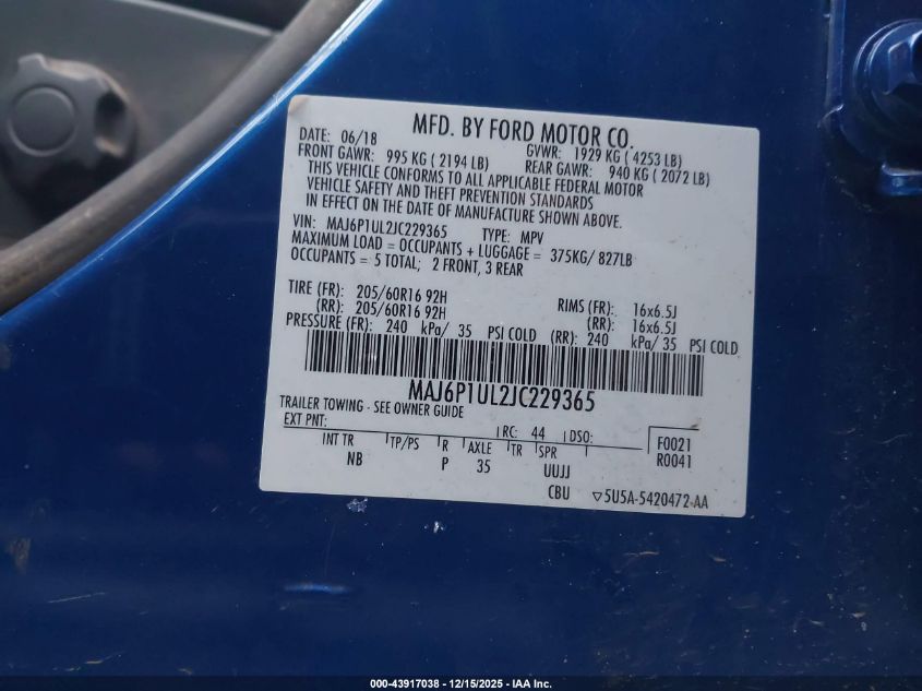 2018 Ford Ecosport Se VIN: MAJ6P1UL2JC229365 Lot: 43917038