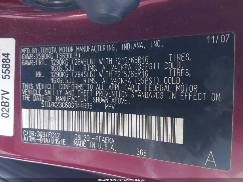 2008 Toyota Sienna Le VIN: 5TDZK23C68S144695 Lot: 43917039