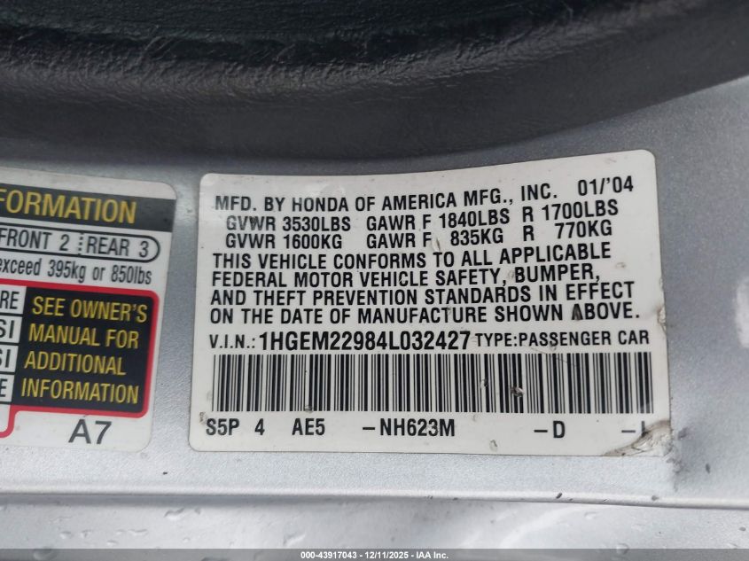 2004 Honda Civic Ex VIN: 1HGEM22984L032427 Lot: 43917043