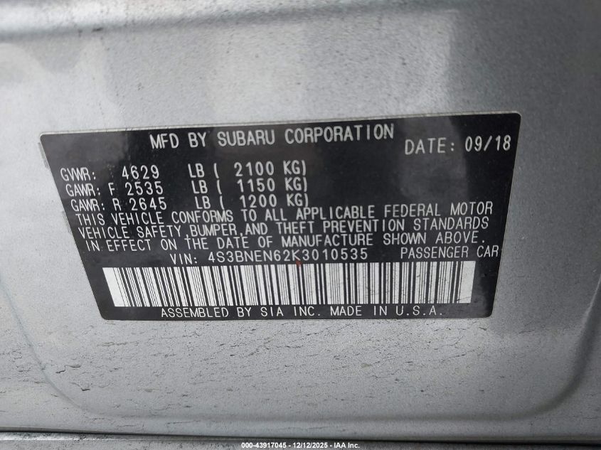 2019 Subaru Legacy 3.6R Limited VIN: 4S3BNEN62K3010535 Lot: 43917045