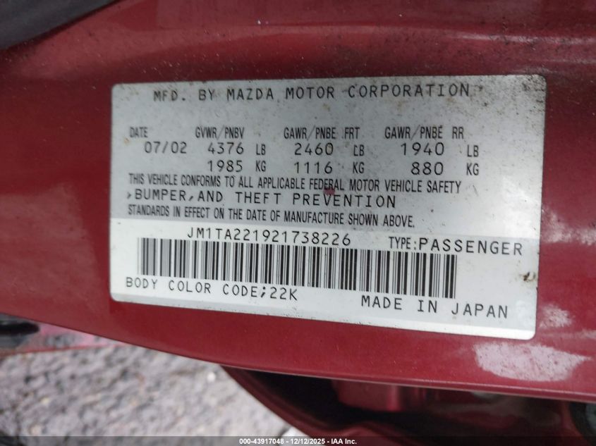 2002 Mazda Millenia P/Ps VIN: JM1TA221921738226 Lot: 43917048