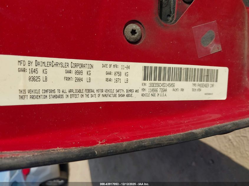 2005 Dodge Neon Sxt VIN: 1B3ES56C45D145056 Lot: 43917053